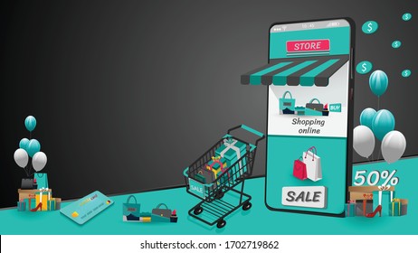 Shopping Online on Mobile Application Concept Marketing and Digital vector.