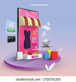Shopping Online on Mobile Application Vector. Concept Marketing and Digital marketing