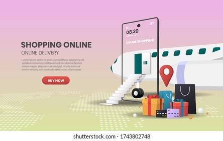 Shopping Online on Mobile Application with plane Concept Digital vector.3d vector illustration,Hero image for website