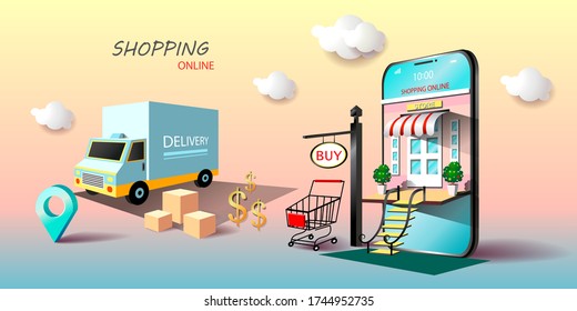 shopping online on mobile application / shopping website / Online delivery service / vector illustration 