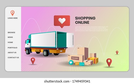 Shopping Online on Mobile Application with Truck Concept Digital vector for landing page.3d vector illustration,Hero image for website