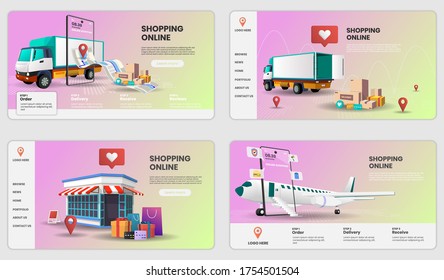 Shopping Online on Mobile Application with truck and plane Concept Digital vector.3d vector illustration,Hero image for website