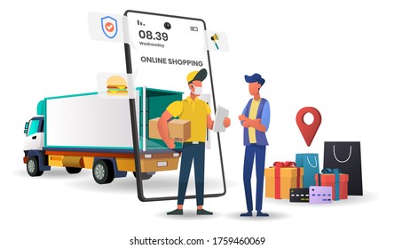 Online-Shopping mit mobilen Anwendungen mit Truck Concept Digital-Vektorgrafik für die Landung Seite.3d Vektorgrafik,Hero-Bild für Website