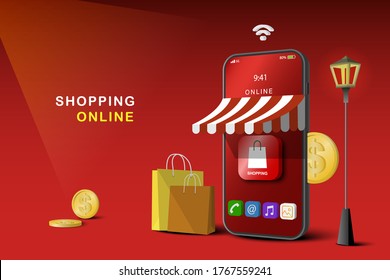 Comprar en línea en Mobile Application Concept Marketing y marketing digital, fondo rojo. Tienda y compra en smartphone. Fondo del sitio web. Pago en línea.