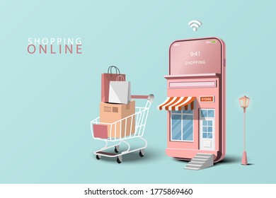 Shopping Online on Mobile Application Concept Marketing and Digital marketing. Store and shop on smartphone. Website Background.