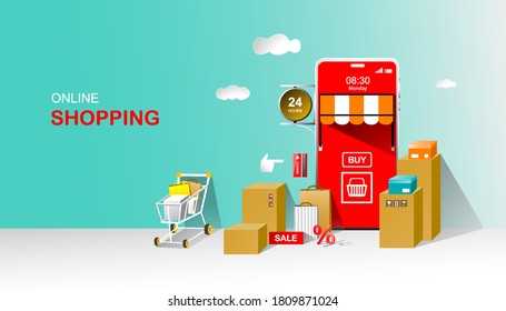 Shopping Online on Mobile Application or Website Concept Digital marketing. Horizontal Background. Vector illustration