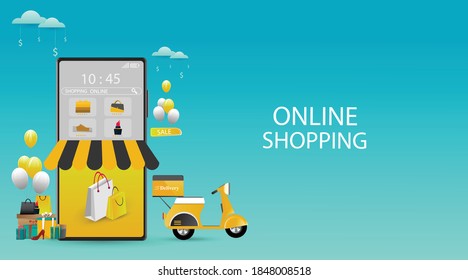 Comprar en línea en Mobile Application Concept Marketing y Vector Digital.