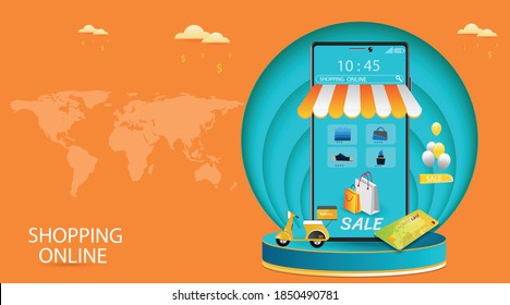Shopping Online on Mobile Application Concept Marketing and Digital vector.