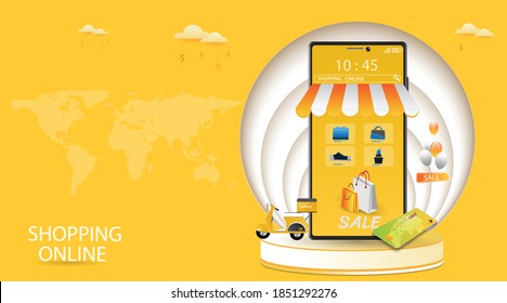 Comprar en línea en Mobile Application Concept Marketing y Vector Digital.