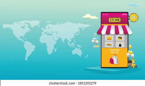 Comprar en línea en Mobile Application Concept Marketing y Vector Digital.
