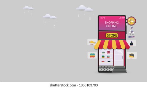 Comprar en línea en Mobile Application Concept Marketing y Vector Digital.