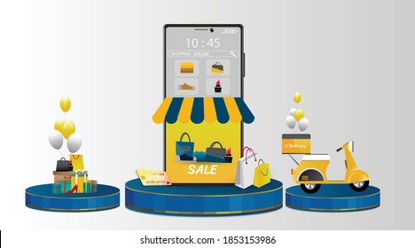 Comprar en línea en Mobile Application Concept Marketing y Vector Digital.
