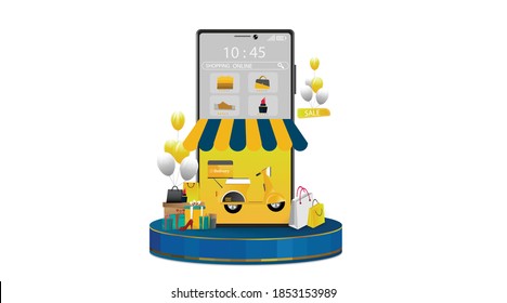 Comprar en línea en Mobile Application Concept Marketing y Vector Digital.