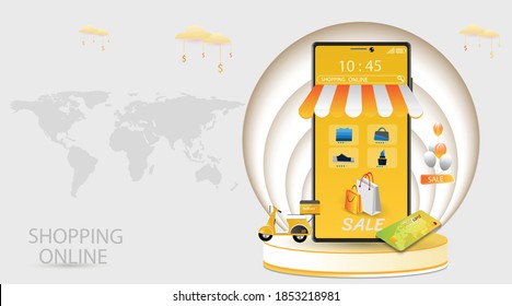 Shopping Online on Mobile Application Concept Marketing and Digital vector.