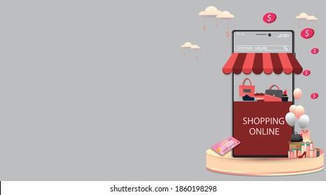 Comprar en línea en Mobile Application Concept Marketing y Vector Digital.