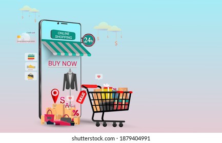 Shopping Online on Mobile Application Concept Marketing and Digital vector.