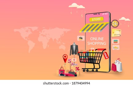 Shopping Online on Mobile Application Concept Marketing and Digital vector.