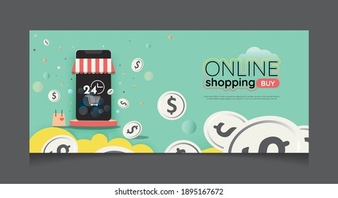 Compras online en aplicaciones móviles y entrega de marketing digital Vector