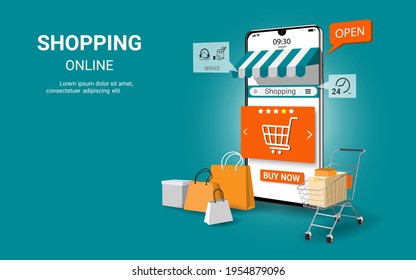 Comprar en línea en aplicaciones móviles. Marketing digital y marketing moderno. Tienda online delantera. Concepto de sitio web, banner y página web. Ilustración vectorial 3D