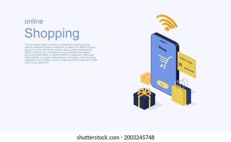 Shopping online on mobile application concept. Digital marketing     Vector illustration isometric design.