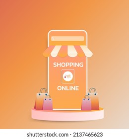 Compras en línea en promoción de marketing por concepto de vectores de aplicaciones móviles y marketing digital. en la tienda delantera con visión de smartphone con ilustración de bolsa. Logo del carro de la compra en móvil