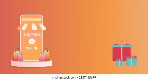 Shopping Online on Mobile Application Vector Concept Marketing and Digital marketing promotion. on smartphone view front store with bag and gift box illustration. Shopping cart logo on mobile