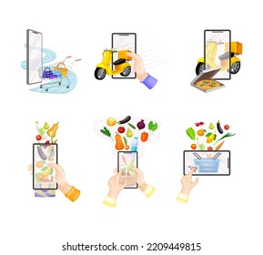 Shopping Online on mobile application set. Customers ordering food and groceries via smartphones. Delivery service concept vector illustration
