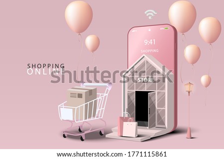 Shopping Online on Mobile Application Concept Marketing and Digital marketing. Store and shop on smartphone. Website Background Pink tone.