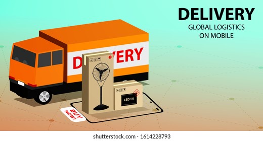 Shopping online on mobile concept, online order tracking,Delivery home and office. City logistics. Warehouse, truck, forklift, courier, delivery man, on mobile. Vector EPS.10