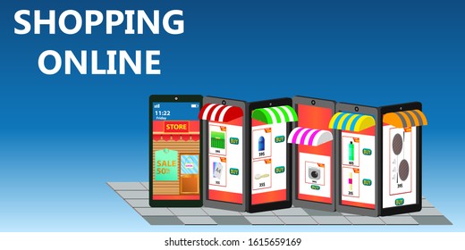 Shopping online on mobile concept, online order tracking,Delivery home and office. City logistics. Warehouse, truck, forklift, courier, delivery man, on mobile. Vector EPS.10