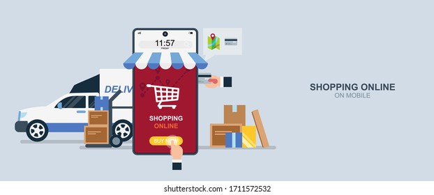 Compras en línea en móvil, servicio de entrega, pago por Internet, transporte de productos, diseño plano ilustración vectorial.