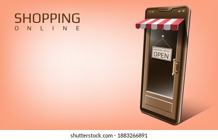 Shopping online on mobile digital marketing concept the door phone restaurant café and delivery online 