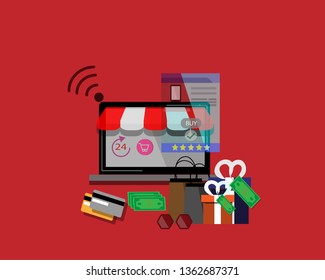 shopping online on mobile, shopping online logo with credit card and cash, shopping online on mobile application