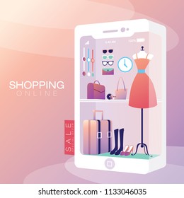 Shopping Online on Mobile Phone Women Vector