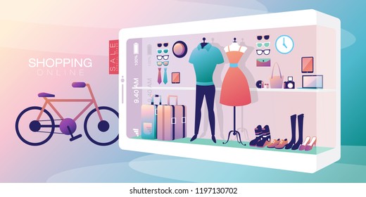 Shopping Online on Mobile Phone Man & Women Vector