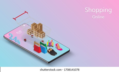 Shopping online on mobile phone application vector concept