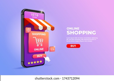Shopping Online on Mobile phone Application Concept illustration and Digital marketing promotion. 3d smartphone with store cart icon on Horizontal view. - Shutterstock ID 1743712094