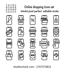 Shopping online on mobile phone Thin line icons set that is a pixel perfect vector and can editable stock. This group of a symbol can show on the website for the marketing or support button. 