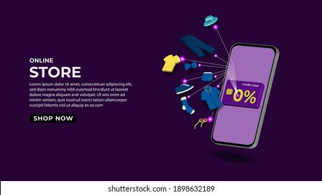 Shopping Online on Mobile phone Application Concept illustration and Digital marketing promotion. 3d smartphone with pants, shirts, shoes, ties, t-shirts, glasses, hats, socks, and credit card icons