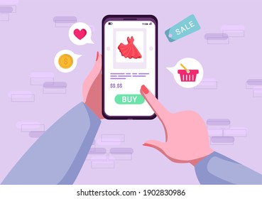 Shopping online on a mobile phone. Hand holding smartphone and making an order. Buying a dress. Business. Making purchase.