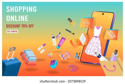 Shopping Online on Mobile phone Concept for Digital marketing promotion. 
