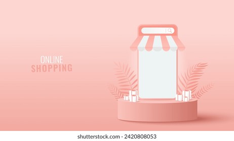 Comprar en línea por teléfono móvil para mostrar productos. concepto de marketing digital en línea, carro de compras. Banner de la venta del día de San Valentín