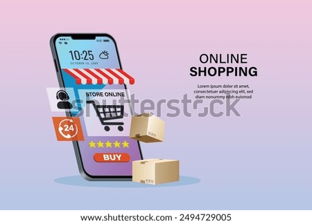 Shopping Online on Mobile phone Application Concept and Digital 3d with store cart icon logo sign sale sell buy pay web app promo