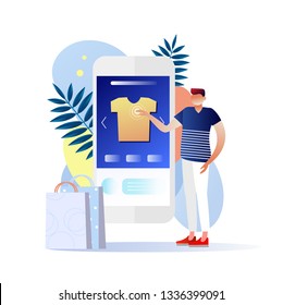 Shopping Online on Mobile vector illustration. E-commerce buyer. Internet items. Character design