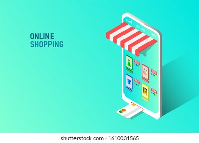 Shopping Online on Mobile. Vector illustration style.