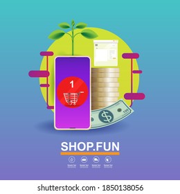 Compras en línea en marketing por concepto de vectores móviles y marketing digital.