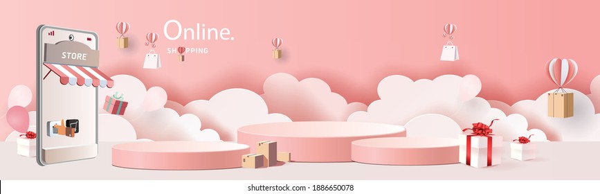 shopping online on phone with podium paper art modern pink background gifts box  illustration vector.