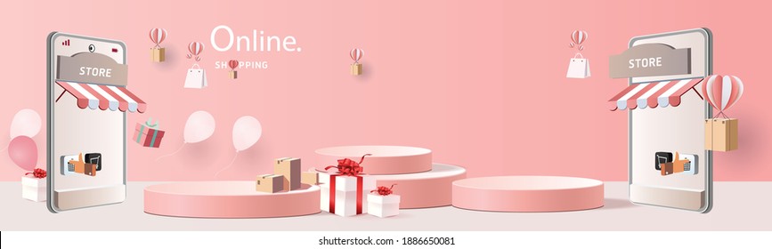 shopping online on phone with podium paper art modern pink background gifts box  illustration vector.