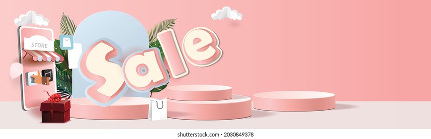 shopping online on phone with podium paper art modern pink background gifts box  illustration vector.