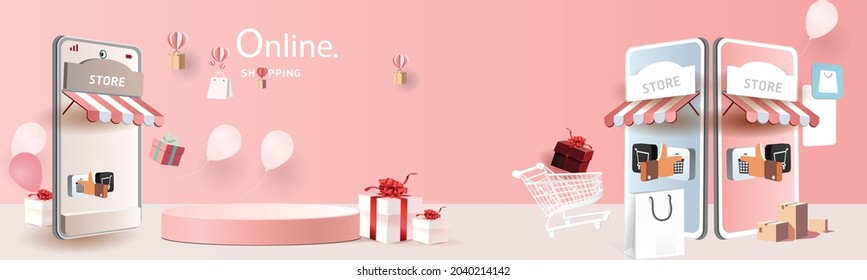 shopping online on phone with podium paper art modern pink background gifts box  illustration vector.